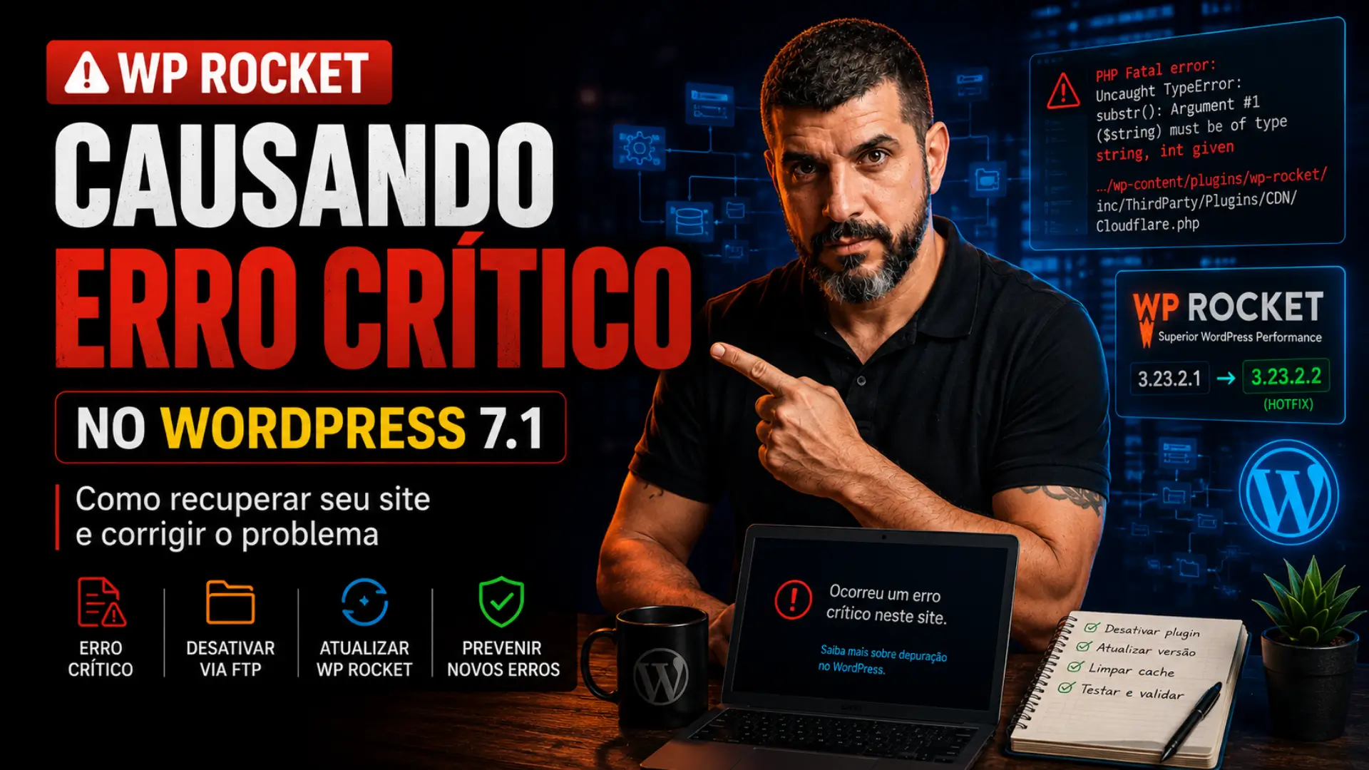 WP Rocket causando erro crítico no WordPress 7.1: como recuperar seu site